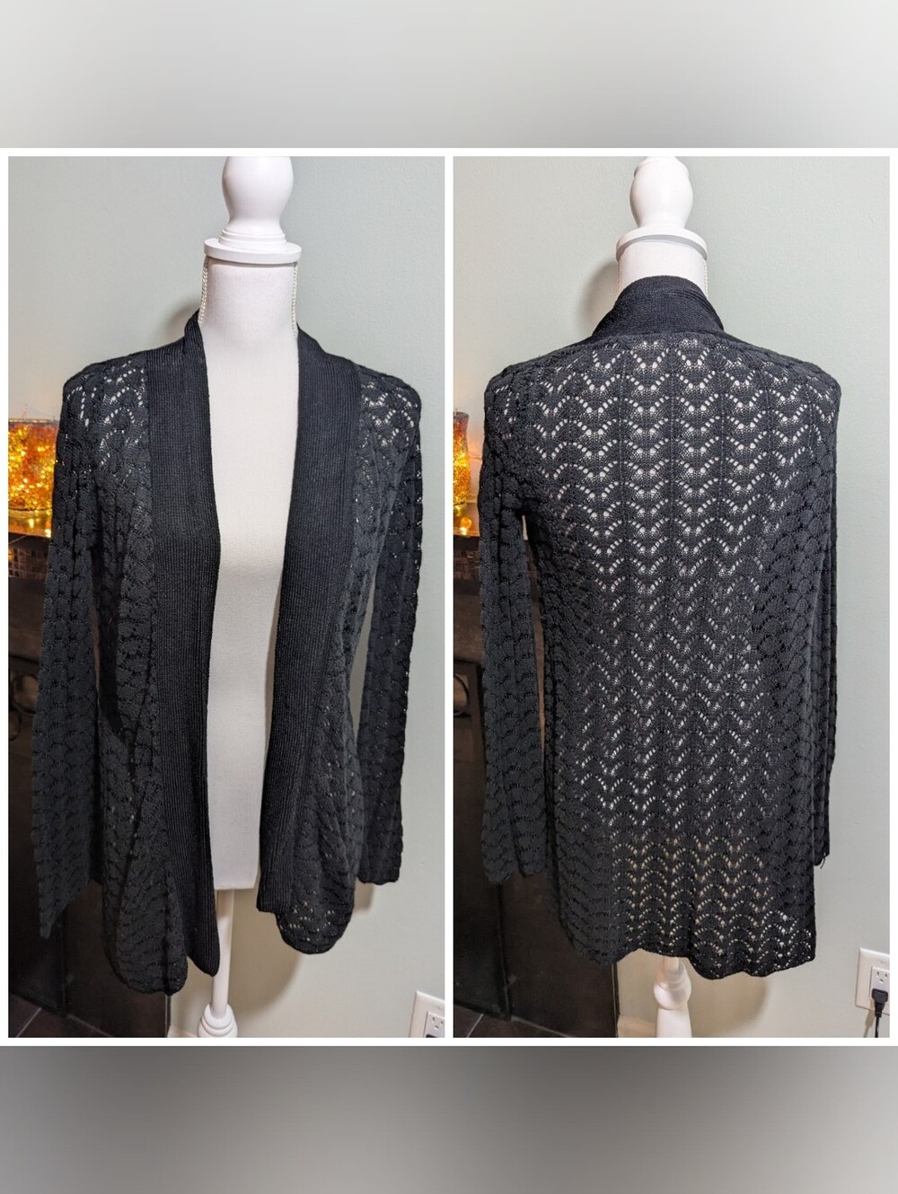 Black Pointelle Open Knit Crochet Look Open Front Cardigan Women's Small Witchy